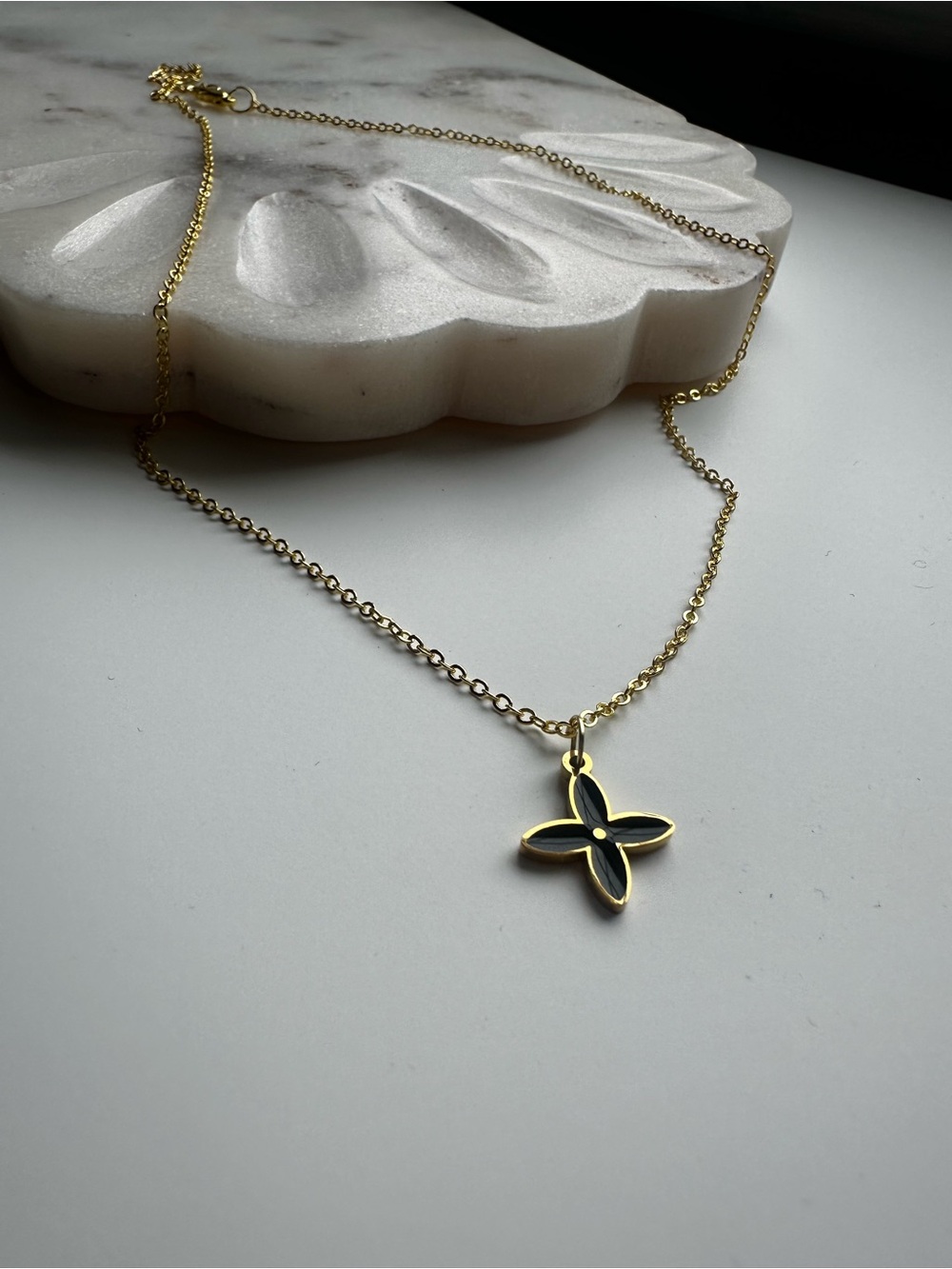 LV Louis Vuitton Gold-Plated Black Flower Pendant Necklace - Women's Jewelry